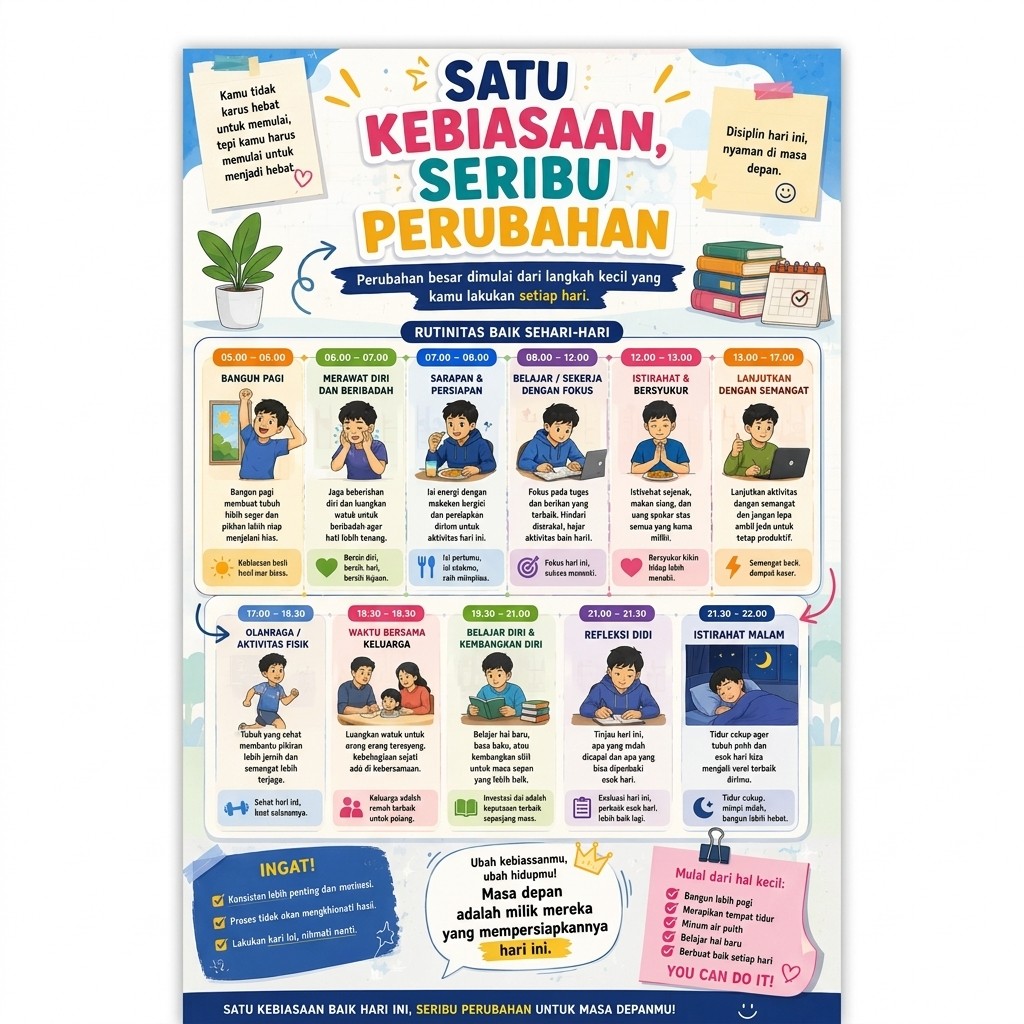 Poster Dinding Motivasi Aesthetic Satu Kebiasaan Seribu Perubahan Hiasan Kamar Minimalis