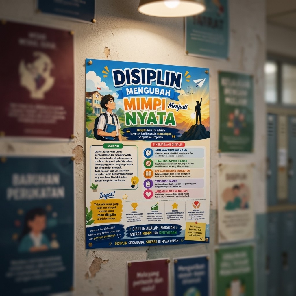 Poster Motivasi Disiplin Mengubah Mimpi Menjadi Nyata - Hiasan Dinding Wall Decor Estetik Kamar Belajar Kantor