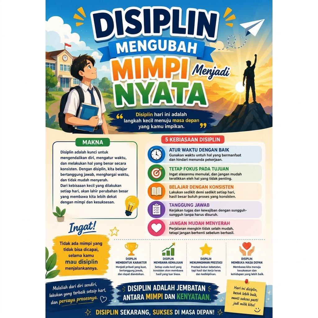 Poster Motivasi Disiplin Mengubah Mimpi Menjadi Nyata - Hiasan Dinding Wall Decor Estetik Kamar Belajar Kantor
