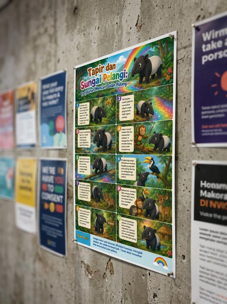 Poster Hiasan Dinding Kamar Anak Tapir & Sungai Pelangi Estetik Dekorasi Ruangan