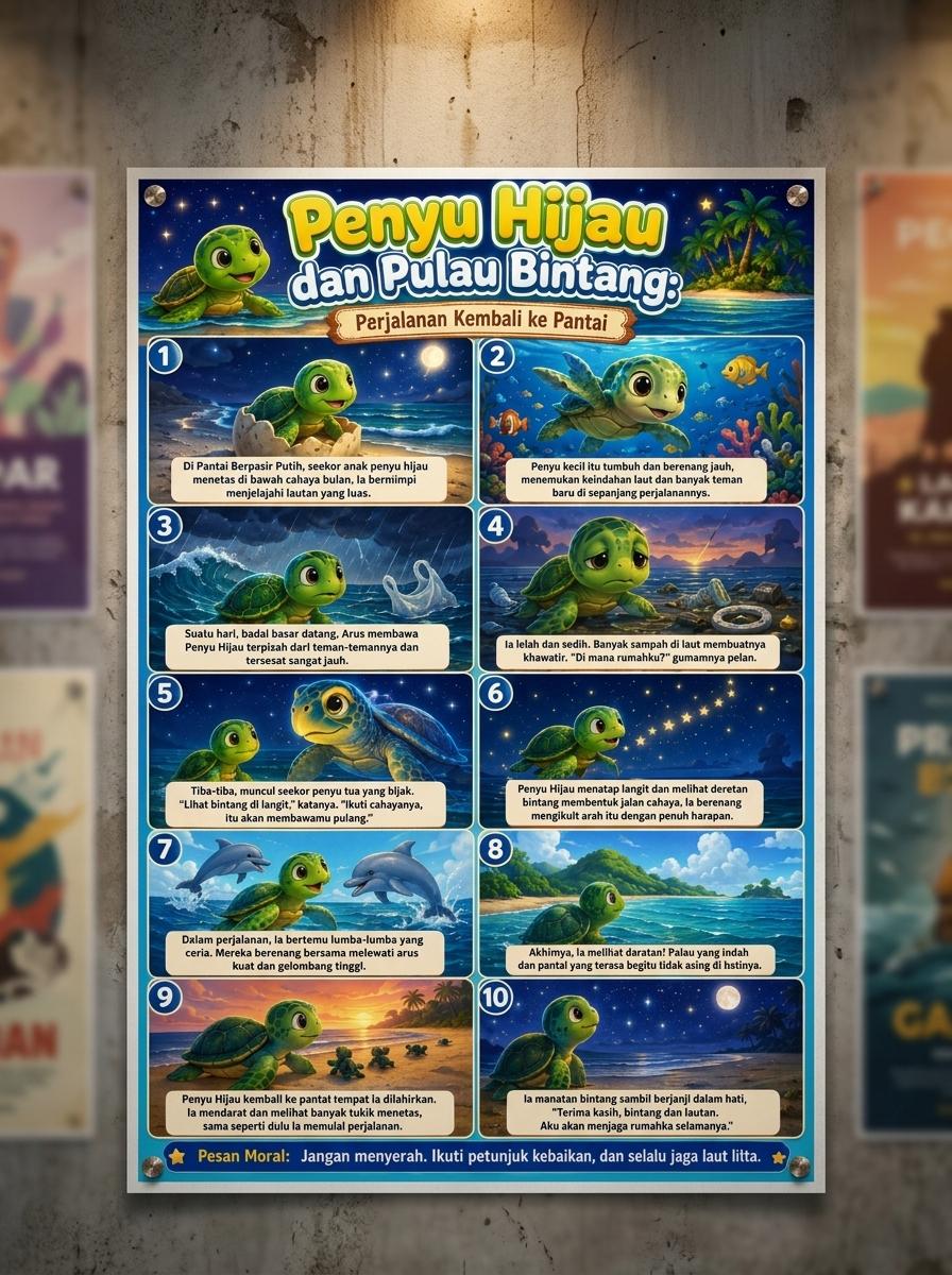 Poster Dinding Penyu Hijau & Pulau Bintang Hiasan Kamar Aesthetic Minimalis