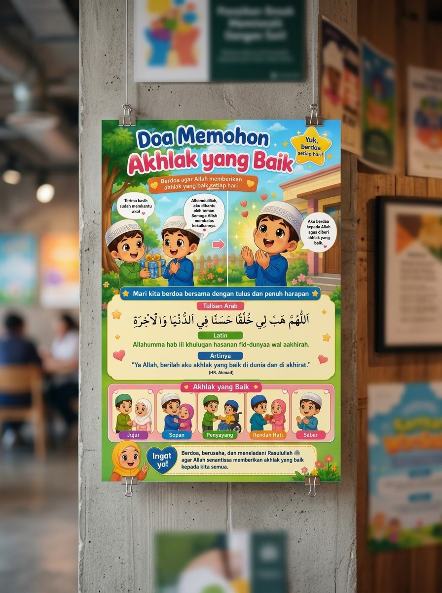Poster Edukasi Anak Muslim Doa Memohon Akhlak Baik Hiasan Dinding Islami Belajar Adab