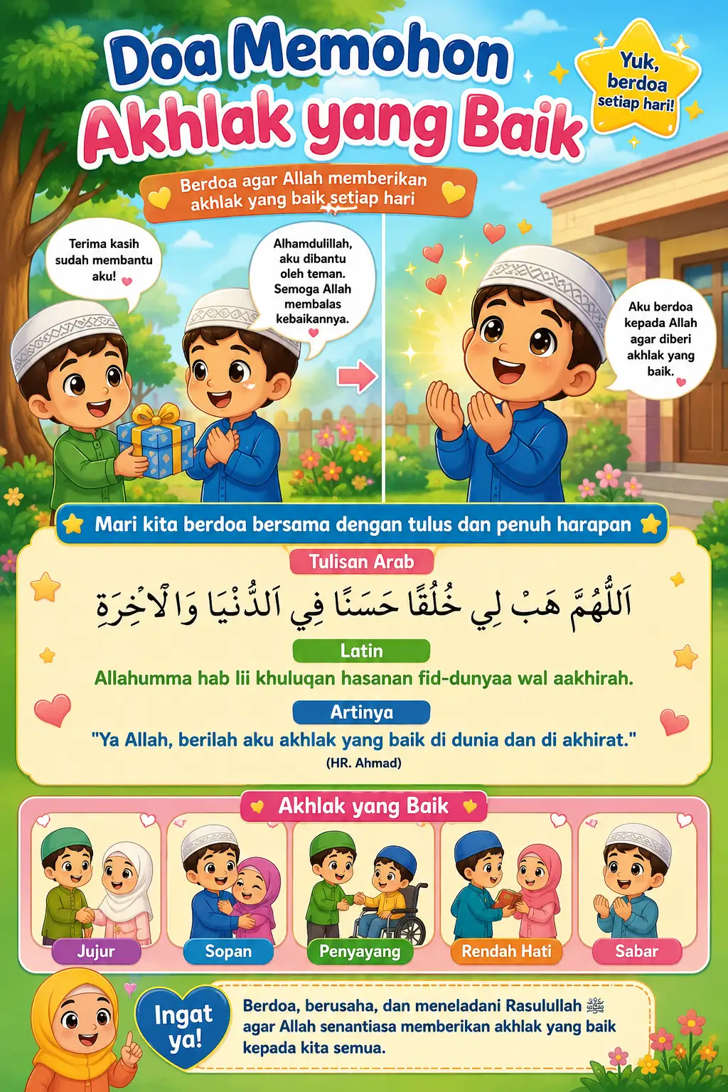 Poster Edukasi Anak Muslim Doa Memohon Akhlak Baik Hiasan Dinding Islami Belajar Adab