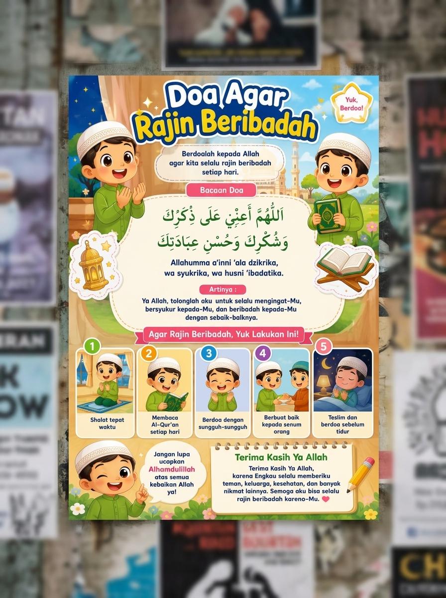 Poster Edukasi Anak Muslim Doa Agar Rajin Beribadah Hiasan Dinding Islami A3+ Anti Air