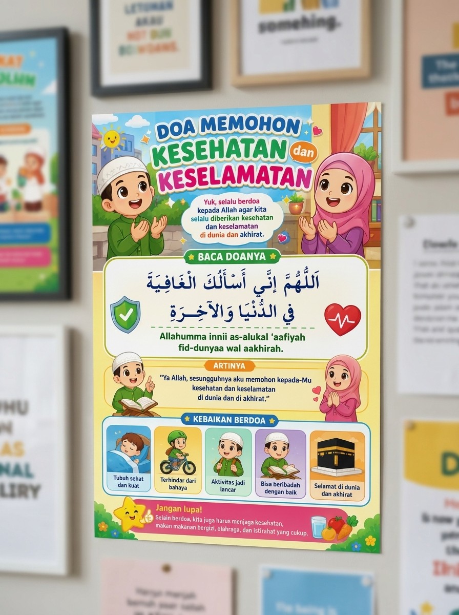 Poster Edukasi Doa Memohon Kesehatan & Keselamatan Anak Muslim Pajangan Dinding Islami Harian Termurah Grosir