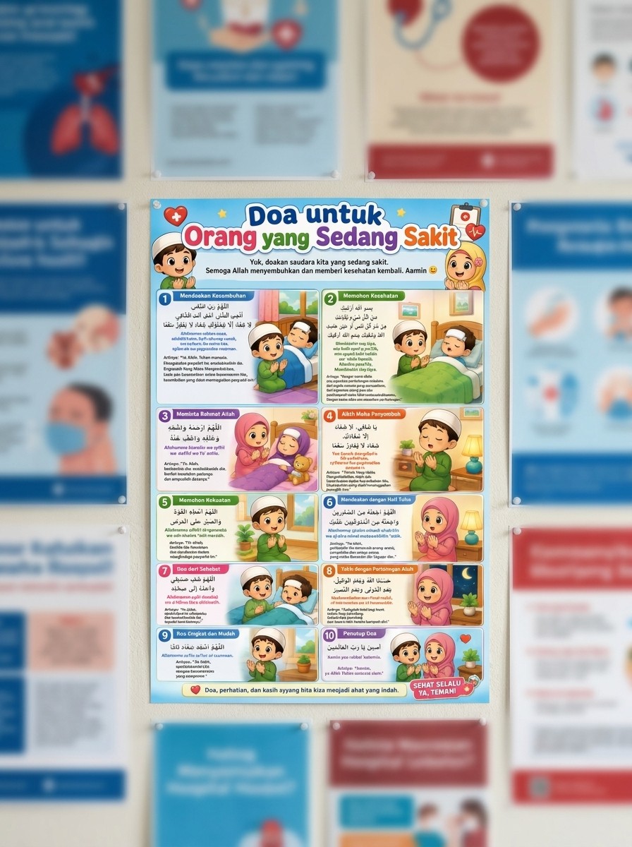 Poster Edukasi Doa Ketika Sakit & Menjenguk Orang Sakit Anak Muslim Islami Waterproof