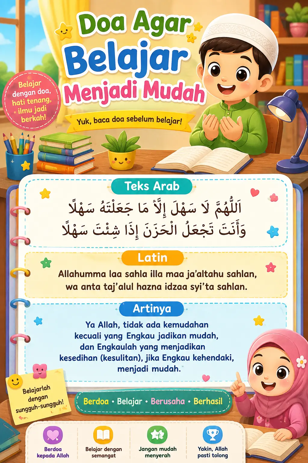 Poster Belajar Anak Islami Doa Agar Belajar Menjadi Mudah Hiasan Dinding Edukasi TK SD PAUD