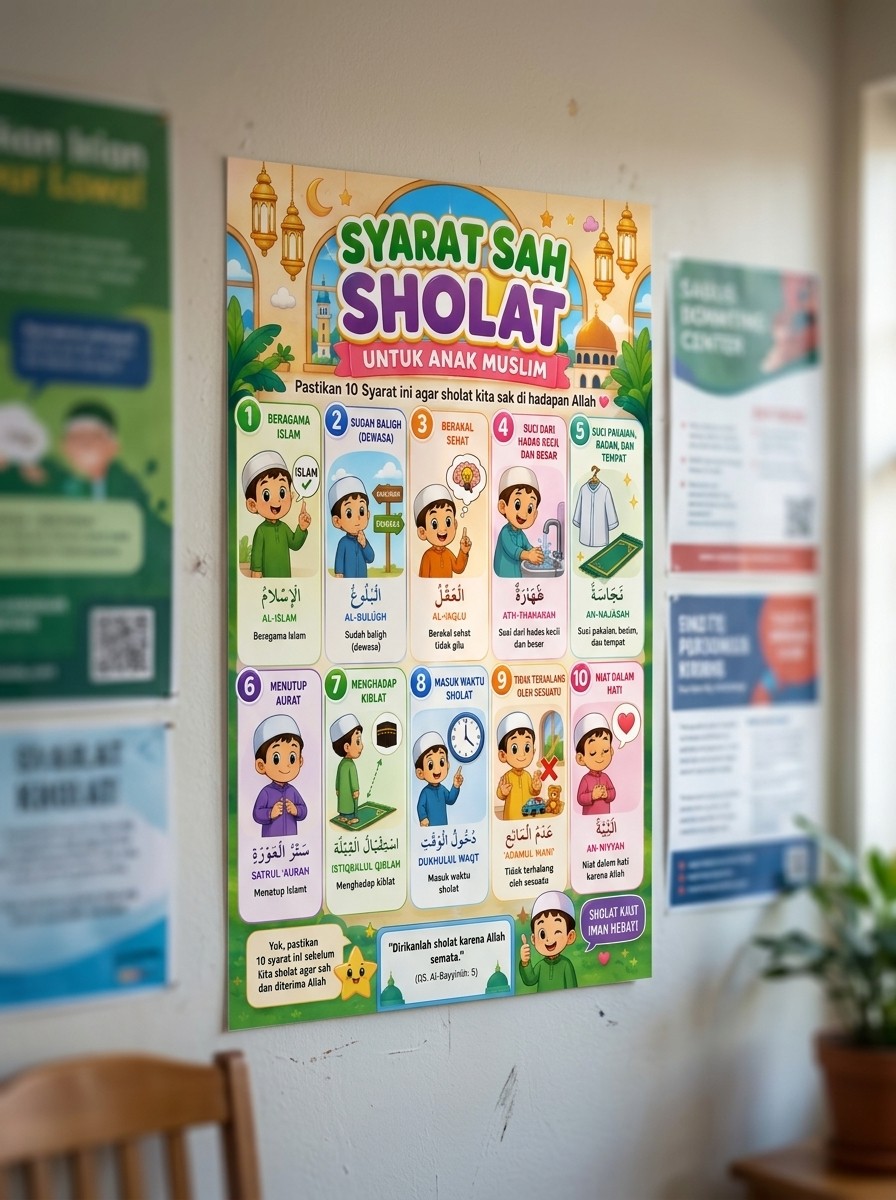 Poster Edukasi Anak Muslim Syarat Sah Sholat - Media Belajar Islami Anak TK SD - Kertas Tebal A3+