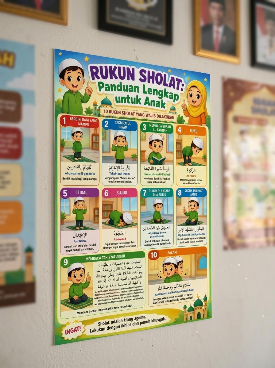 Poster Rukun Sholat Anak PAUD TK SD - Panduan Belajar Sholat Lengkap & Edukatif - Wall Decor Islami Terbaru