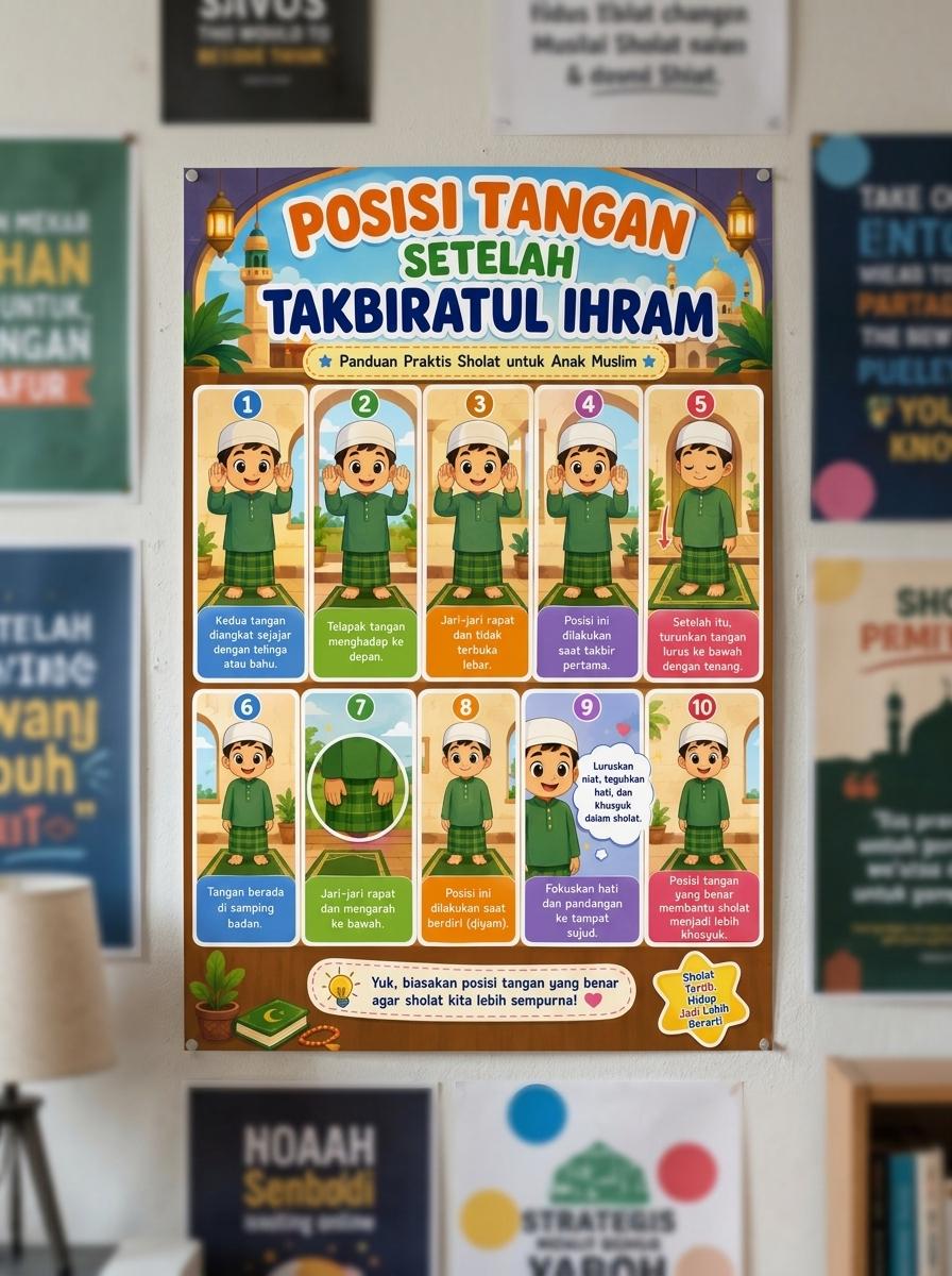 Poster Pendidikan Belajar Sholat Posisi Tangan Setelah Takbiratul Ihram Edukasi Anak Islami