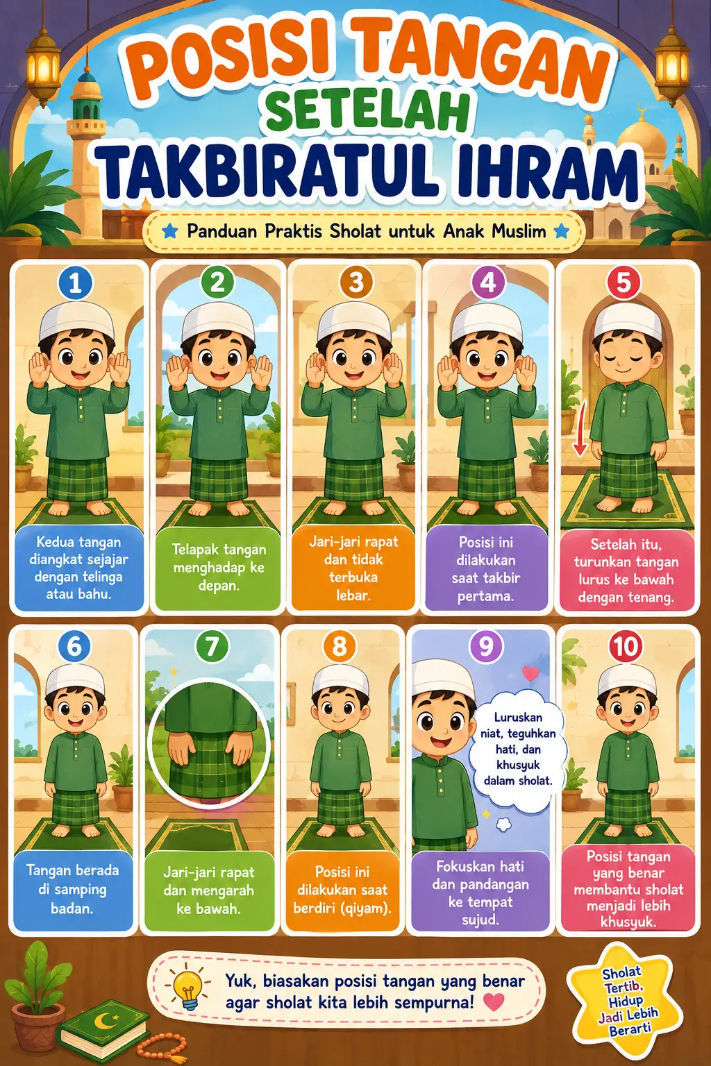 Poster Pendidikan Belajar Sholat Posisi Tangan Setelah Takbiratul Ihram Edukasi Anak Islami