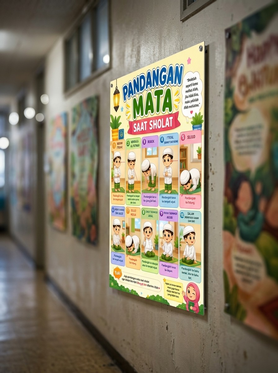 POSTER EDUKASI ANAK Panduan Pandangan Mata Saat Sholat - Alat Bantu Khusyu Shalat A3+ - Kualitas Premium