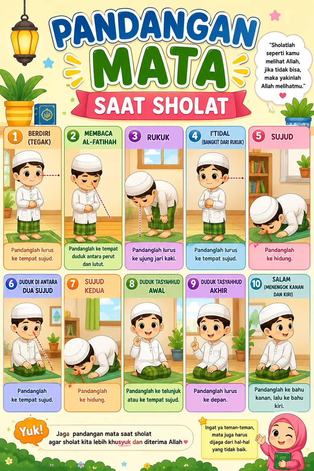 POSTER EDUKASI ANAK Panduan Pandangan Mata Saat Sholat - Alat Bantu Khusyu Shalat A3+ - Kualitas Premium