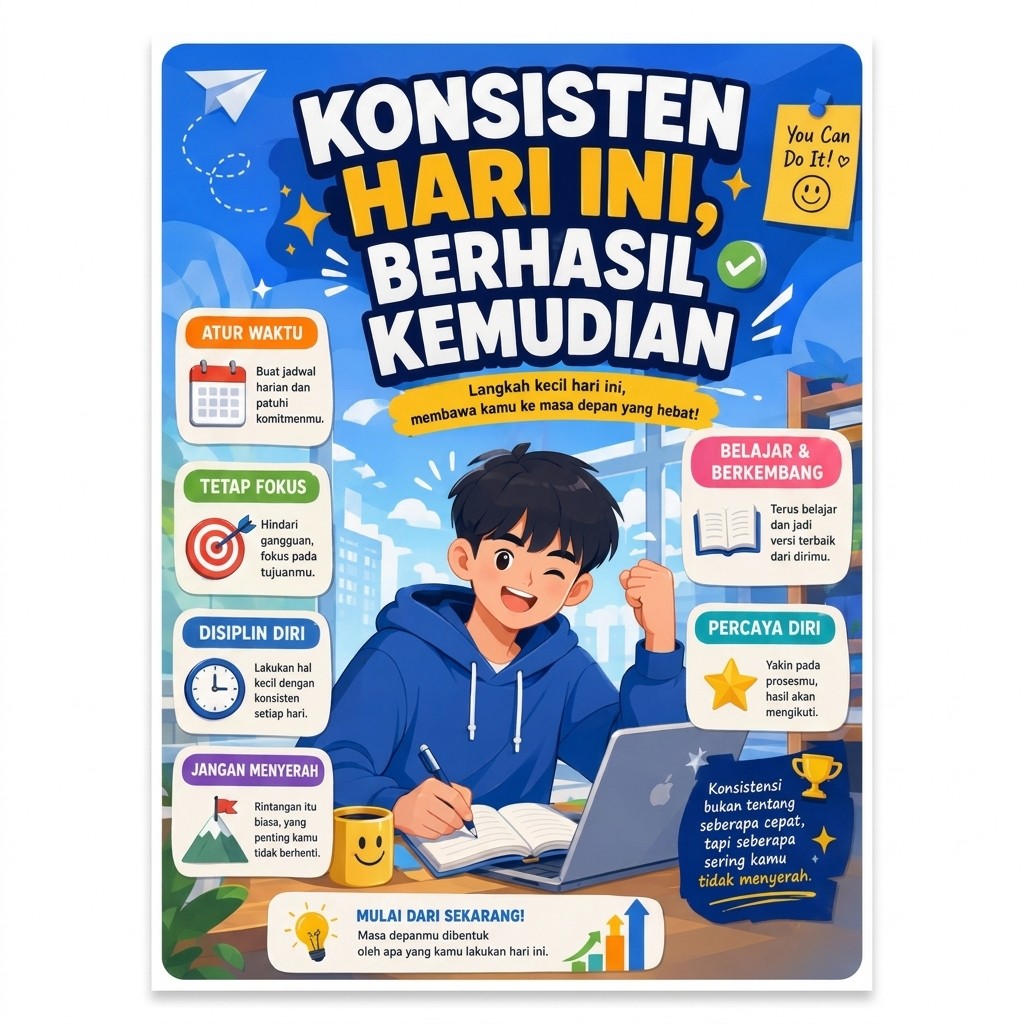Poster Motivasi Konsisten Hari Ini Berhasil Kemudian Aesthetic Hiasan Dinding Wall Decor Kantor Kamar Minimalis