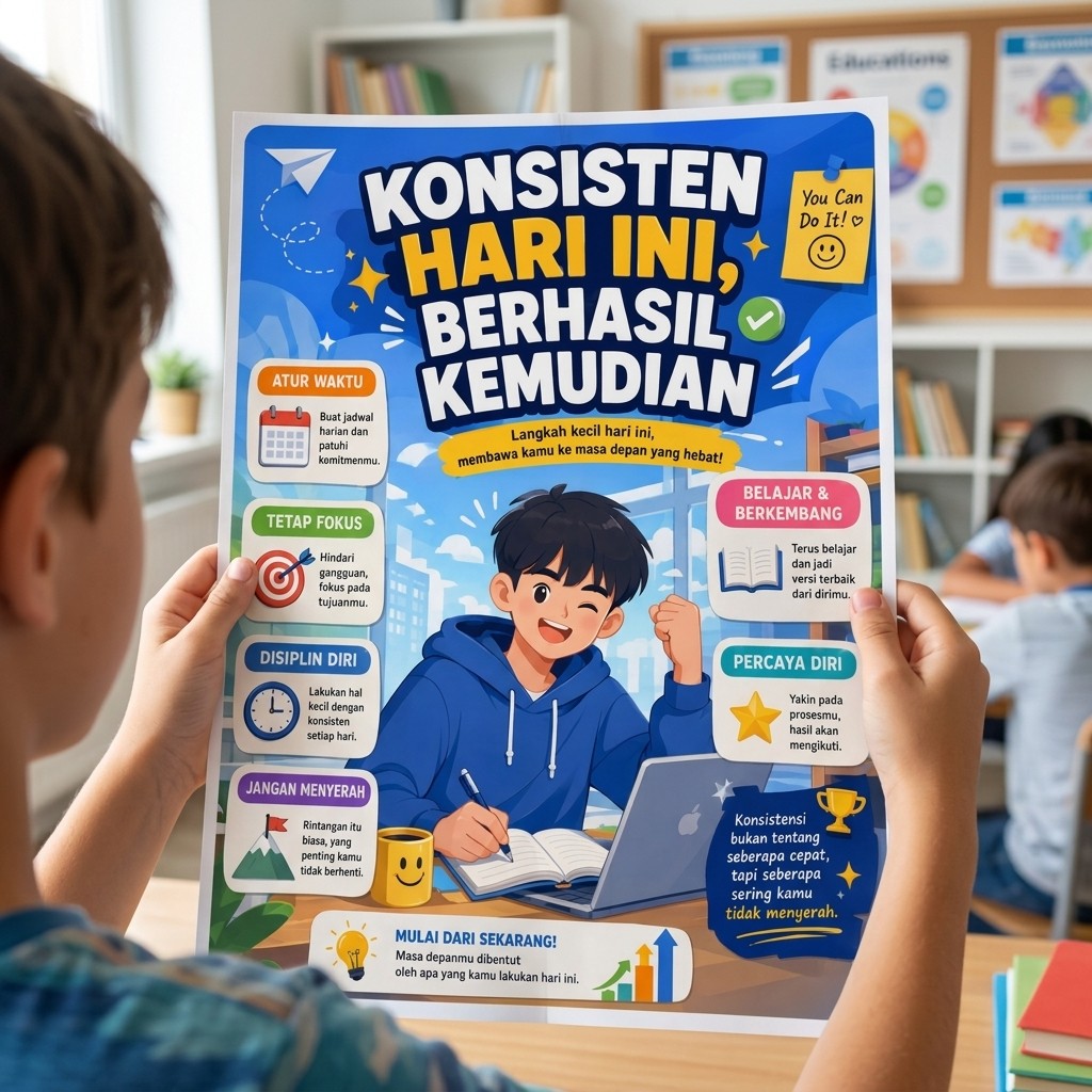 Poster Motivasi Konsisten Hari Ini Berhasil Kemudian Aesthetic Hiasan Dinding Wall Decor Kantor Kamar Minimalis