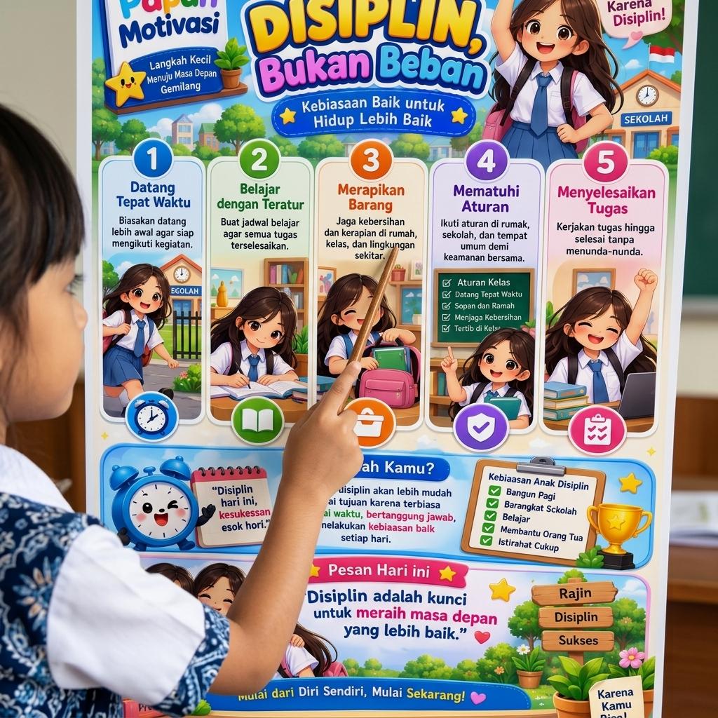 Poster Motivasi Anak - Disiplin Bukan Beban - Poster Pendidikan Karakter Hiasan Dinding Kamar Belajar A3+