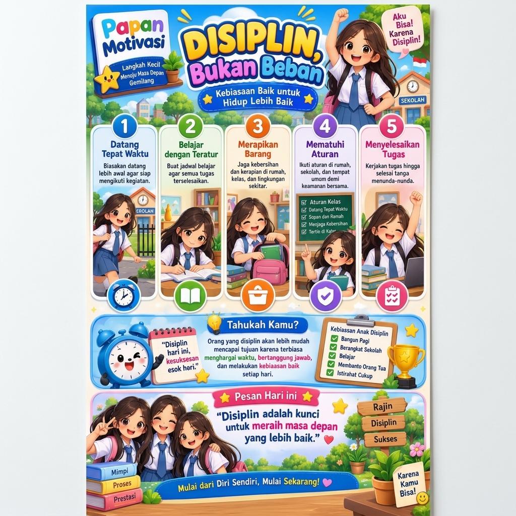 Poster Motivasi Anak - Disiplin Bukan Beban - Poster Pendidikan Karakter Hiasan Dinding Kamar Belajar A3+