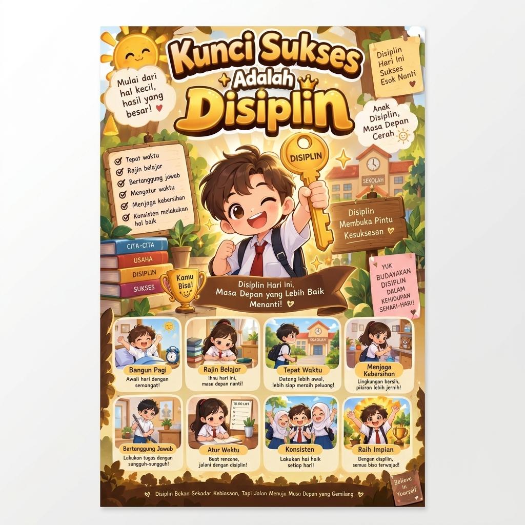 Poster Motivasi Kunci Sukses Adalah Disiplin Hiasan Dinding Dekorasi Kamar Estetik Minimalis