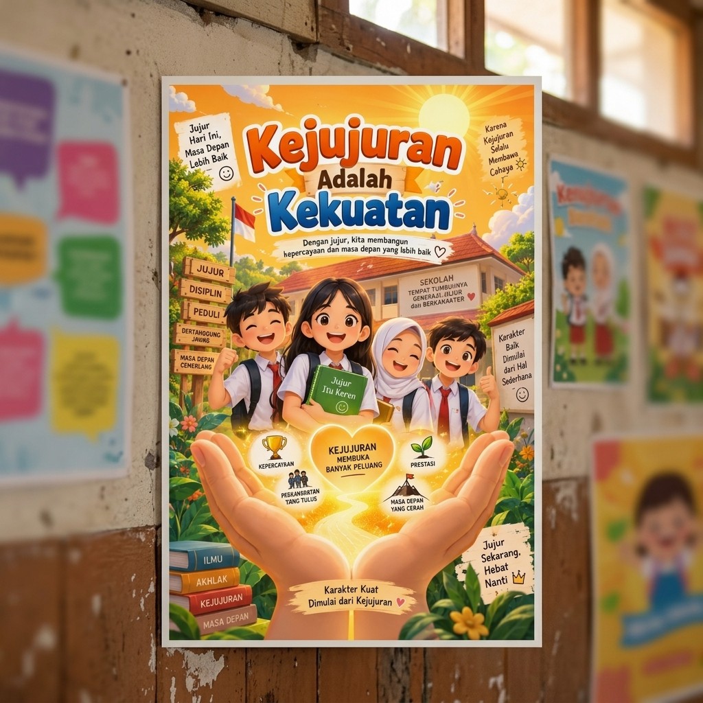Poster Pendidikan Kejujuran Adalah Kekuatan Hiasan Dinding Sekolah Edukasi Anak SD SMP SMA Pajangan Ruang Kelas